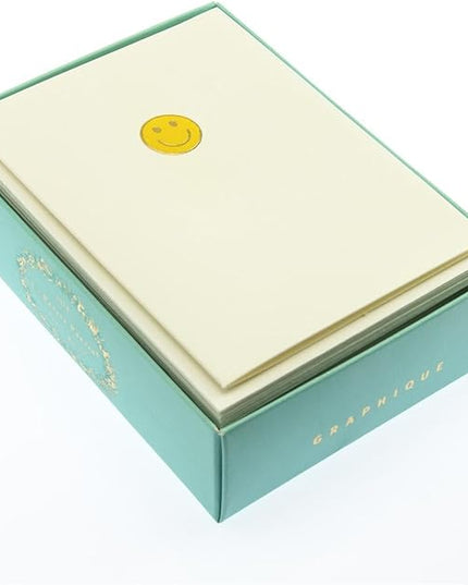 Graphique Smiley Face La Petite Presse Boxed Notecards - 10 Embossed and Embellished Gold Foil Yellow Smiley Face Emoji Blank Cards with Matching Envelopes, 3.25"" x 4.75""" (L1333CB)