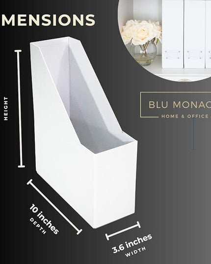 BLU MONACO Set of 6 Foldable White Magazine File Holders | Vertical Desk File Organizer Boxes With Leather Label Holders | Stylish Cardboard Magazine Storage for Shelves, Workspace and Home Office