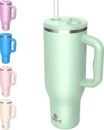 34HD 40 oz Stainless Steel Tumbler - Leakproof Insulated Water Bottle with Handle, Magnetic Lid and Flexible Straw - Iced for 48 Hours – Perfect for Men, Women, Birthday Gift, Green - Matcha Whisper