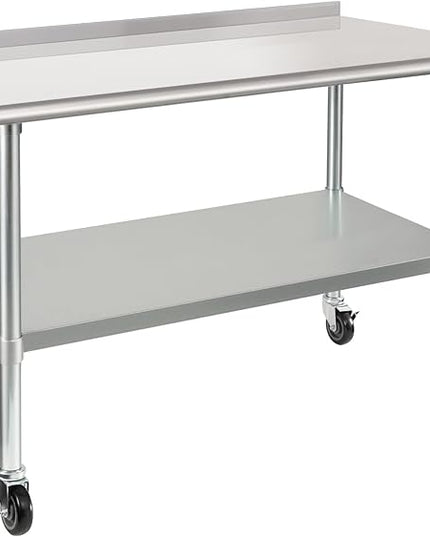 HARDURA Stainless Steel Table 30 x 48 Inches with Wheels Casters NSF Heavy Duty Commercial Prep Table with 2” Backsplash and Adjustable Undershelf for Restaurant Kitchen Home and Hotel