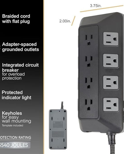 GE UltraPro Adapt 12-Outlet Surge Protector, 6ft Braided Heavy Duty Extension Cord, Flat Plug Power Strip, 3540 Joules, Black, 74542