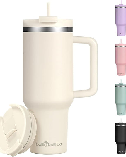 40oz Tumbler with Handle,Double Wall Vacuum Reusable Stainless Steel Insulated Water Bottle,With Leak Proof lid and Straw for Iced or Cold Beverages (Beige)