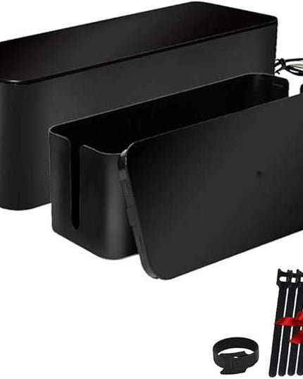 Cable Management Box Organizer, Pack of 2 Wire Concealer to Cover Hide Surge Protector & Power Strip on Desk Floor, with 5 Cord Fastening Tapes for Office, Home, Kitchen (Luxury Black)