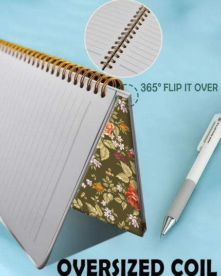Spiral Journal Notebook for Women,A5 College Ruled Notebooks 6"x 8.4", 120 Pages (60 Sheets) Lined Journal with Premium Thick Paper,Perfect for School Office Home(Green Leaf Flower)