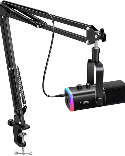 FIFINE XLR/USB Gaming Microphone Set, Dynamic PC Mic for Streaming Podcasting, Computer RGB Mic Kit with Boom Arm Stand, Mute Button, Headphones Jack, for Recording Vocal Voice-Over-AmpliGame AM8T
