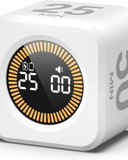 KADAMS Pomodoro Cube Timer Productivity Visual Timer 5/10/25/50 Min Customize Timer, Rotating Countdown Countup, Mute - for Work Study Cook Workout Kitchen Classroom for Kid (White)