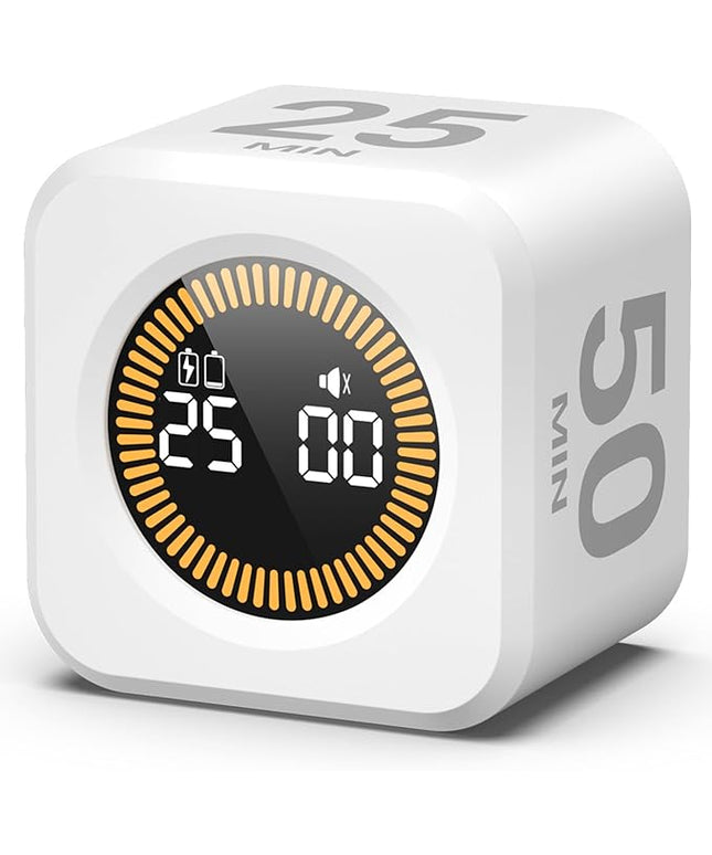 KADAMS Pomodoro Cube Timer Productivity Visual Timer 5/10/25/50 Min Customize Timer, Rotating Countdown Countup, Mute - for Work Study Cook Workout Kitchen Classroom for Kid (White)