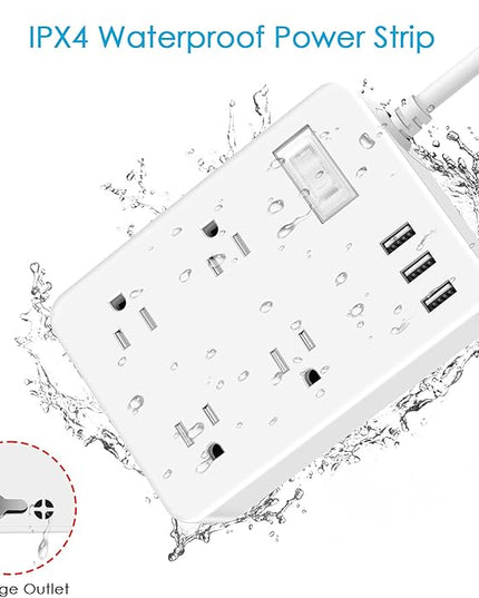 Jgstkcity Outdoor Waterproof Power Strip, 4 Flat Plug Outlets and 3 USB Ports, Mountable Weatherproof Surge Protector, Multi Outlet Extension for Camping, Garden, Kitchen, Bathroom, 6ft Cord (White)