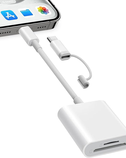 SD Card Reader for iPhone iPad, Dual Connector (Lightening&USB-C) Micro SD Memory Card Reader, 2 in 1 SD and TF Card Adapter Portable Trail Camera Viewer, No Driver Needed, Plug and Play