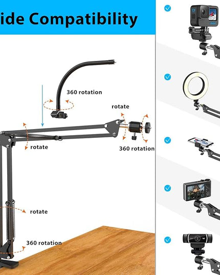 Overhead Camera Mount with Ring Light, Flexible Articulating Phone Arm Stand Compatible with iPhone, Logitech Webcam, Desk Tripod for YouTube Live Stream Cooking Nail Video Recording