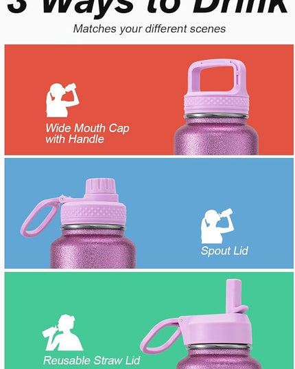 Coolflask Water Bottle 24 oz Insulated with Straw, Stainless Steel Metal 3 Lids Water Flask Wide Mouth for Sports or Office, Non-BPA Keep Cold Up to 48 Hrs or Hot Up to 24 Hrs, Glitter Pink