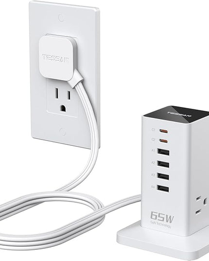 USB Charging Station for Multiple Devices PD 65W, TESSAN 9-in-1 USB C Charger Block for iPhone 17/16/15, MacBook, Tablet, Type C Desktop Charger with 3 AC, Home Travel Office Accessories, White