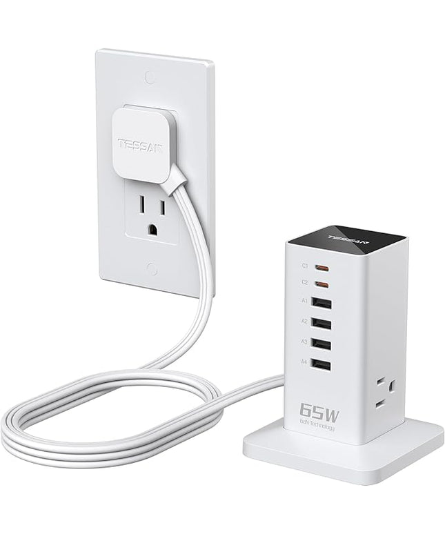 USB Charging Station for Multiple Devices PD 65W, TESSAN 9-in-1 USB C Charger Block for iPhone 17/16/15, MacBook, Tablet, Type C Desktop Charger with 3 AC, Home Travel Office Accessories, White