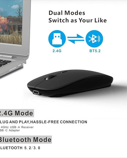 HOTDREAM Bluetooth Wireless Rechargeable Mouse for MacBook Pro/Air/iPad Air/iPad Pro/Laptop/Tablet/iPhone/PC, Bluetooth 5.2/3.0 and 2.4GHz Dual Mode Mouse (Black)