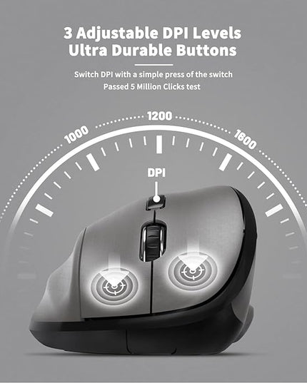 Ergonomic Wireless Mouse with USB Receiver for PC Computer, Laptop and Desktop, Ergo Vertical Mouse with Silent Clicks Long Battery Life, Up to 1600 DPI & 1 AA Battery Powered, Grey