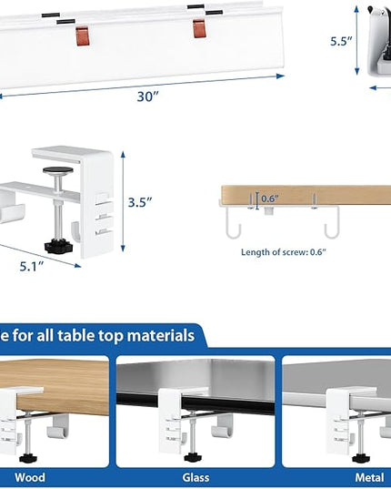 Zilink Under Desk Cable Management 30" No Drill Desk Cable Management Tray Clamp/Screw Mount Cable Tray Sturdy Waterproof Fabric Cord Organizer for Office, Home, White