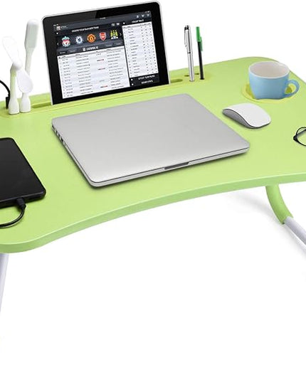 Slendor Lap Desk with Cup Holder, Foldable Laptop Table for Bed, Portable Bed Desk for Laptop and Writing, Computer Tray with Tablet Slot, Notebook Stand Reading Holder for Couch Sofa Floor,Green