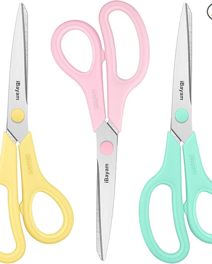 Scissors, iBayam 8" All Purpose Scissors Bulk 3-Pack, Ultra Sharp 2.5mm Thick Blade Shears Comfort-Grip for Office Desk Accessories Sewing Fabric Home Craft School Supplies, Right/Left Handed
