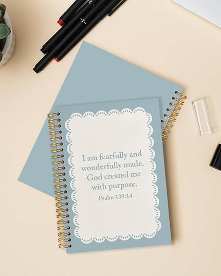 Blue Christian Spiral Journal Notebook 5.5x8.3in, I Am Fearfully and Wonderfully Made Psalm 139:14 Bible Prayer Journal, Preppy Blue Bible Notebooks for Note Taking, Hardcover Notebook