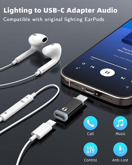 MoKo Lightning to USB C Adapter Audio Only for Apple Earpods with Line Control, Not for Charging/Data Transfer, Lightning to USB C Adapter for iPhone Air 17 16 15 Pro Max Plus, iPad Pro/Air, Black