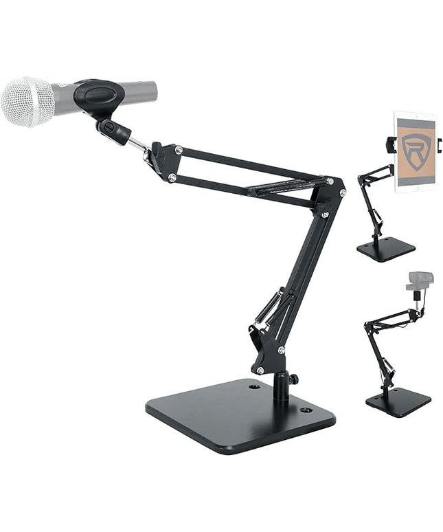 Rockville iSTAND 75 Desktop Boom Arm Stand, Mic/Phone/Tablet/Webcam Holder, Weighted Steel Base, 360-Degree Swivel, Anti-Scratch Grip, for Podcasting and Streaming