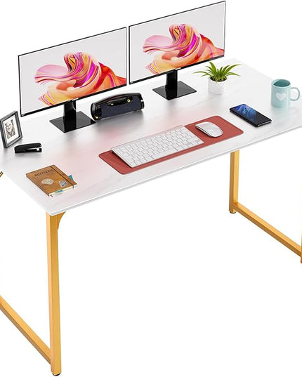 PayLessHere | 47 Inch Computer Desk | White Gold | Office Desk with Metal Frame, Adjustable Feet | Water-Resistant, Scratchproof Surface | Sturdy Writing Table for Home Office or Study | Pack of 1