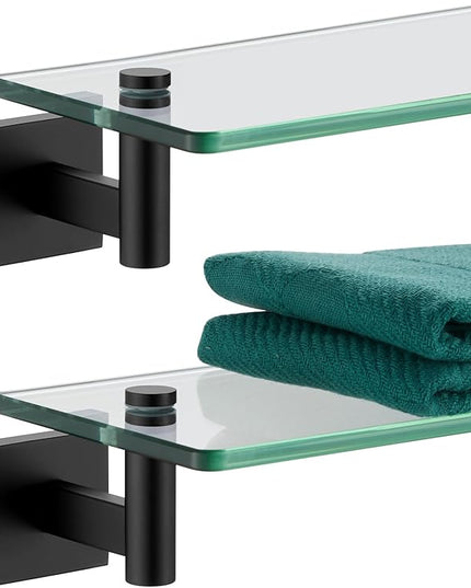 KOKOSIRI Bathroom Shelves Glass Floating Shelf 12-Inch for Bedroom Living Room Kitchen Hanging Rack Rustproof Wall Mounted Black 2 Pack B1105BK-L12-P2