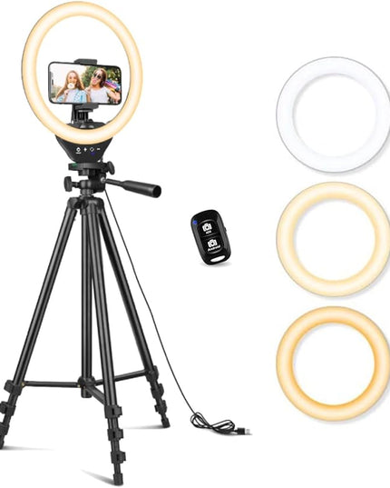 Sensyne 10'' Ring Light with 50'' Extendable Tripod Stand, LED Circle Lights with Phone Holder for Live Stream/Makeup/YouTube Video/TikTok, Compatible with All Phones