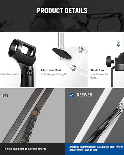 NEEWER Suspension Boom Arm Scissor Mic Stand, Microphone Arm Desk Stand with 3/8" to 5/8" Screw, Cable Ties Compatible with Blue Yeti Snowball Yeti X Quadcast, Max Load 3.3lb/1.5kg, NW-35, White
