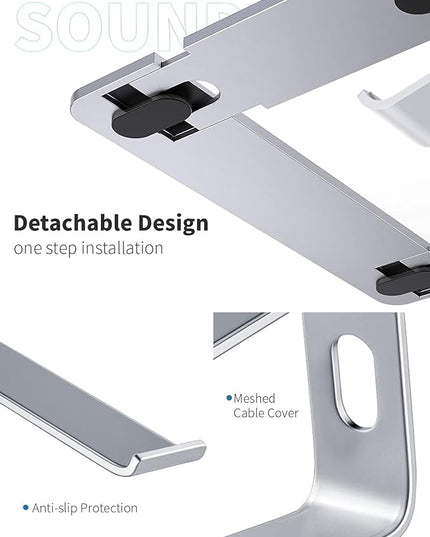 SOUNDANCE Laptop Stand, Aluminum Computer Riser, Ergonomic Laptops Elevator for Desk, Metal Holder Compatible with 10 to 15.6 Inches Notebook Computer, Silver