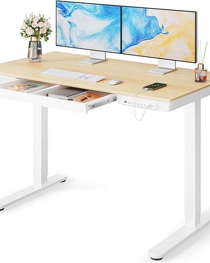 Marsail Electric Solid Standing Desk, 48 x 24 inch Standing Desk with Drawer, Sit Stand Desk with Tabletop & USB Charging Ports, Height Adjustable Desk with Storage for Home & Office Natural