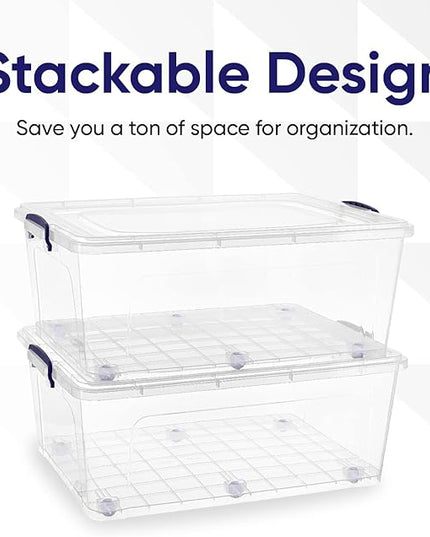 Superio Storage Bins with Lids- Clear Boxes for Organizing, Stackable Plastic Containers- BPA Free, Non-Toxic, Odor Free, Organizer for Home, Office, Dorm (6 Pack, 60 Qt (Wheeled))