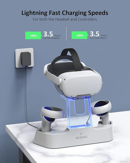 NexiGo Enhanced Charging Dock with LED Light [On/Off] for Oculus Quest 2, [Support Elite Strap with Battery], Headset Display Holder and Controller Mount, 2 Rechargeable Batteries, USB-C Charger
