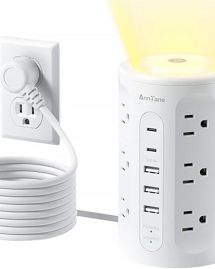 Power Strip Tower with Night Light, 15W Surge Protector Power Strip with USB Ports, 10 FT Extension Cord with Multiple Outlets (12AC+3A+2C) for Home Office Desk DormRoom (White)