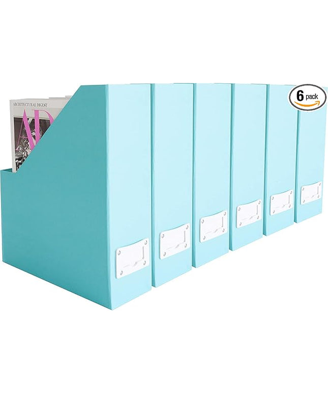 BLU MONACO Set of 6 Aqua Magazine File Holders | Foldable Magazine Storage Boxes with White Leather Label Holders | Vertical File Organizer for Desk, Shelves & Home Office
