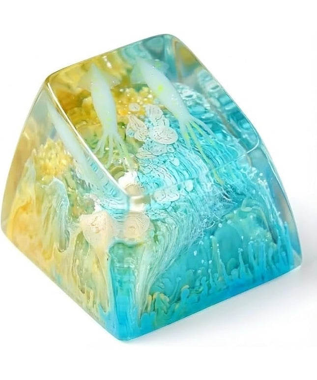 Squid Artisan Keycap Light Yellow Blue Coral Reef R1 SA Profile Custom Sea Keycaps 1U ESC Handmade Gaming Ocean Resin Key Cap Cherry MX Switch Compatible Mechanical Keyboard Squid Lover Gift