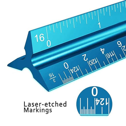 Rena Chris 2PCS Architectural Scale Ruler: 12" Imperial Aluminum Triangular Scale Ruler, Laser-Etched Architecture Ruler, Drafting & Architect Ruler for Architects, Students, Draftsman(Blue)