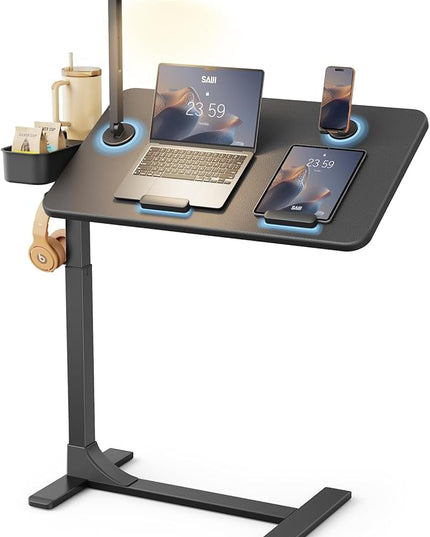 SAIJI Magnetic Overbed Bedside Table with Wheels, Height and 360° Angle Adjustable Over Bed Desk with Led Light, Portable Lengthened Rolling Laptop Standing Desk Mobile Bed Tables Hospital Home Use