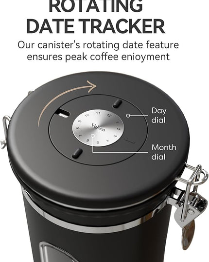 Veken Large Coffee Canister with Window, Rice Kitchen Food Storage Airtight Stainless Steel Container with Lids, Date Tracker and Scoop, Grounds, Beans, Tea, Flour, Cereal, Sugar Jars, 38oz, Black