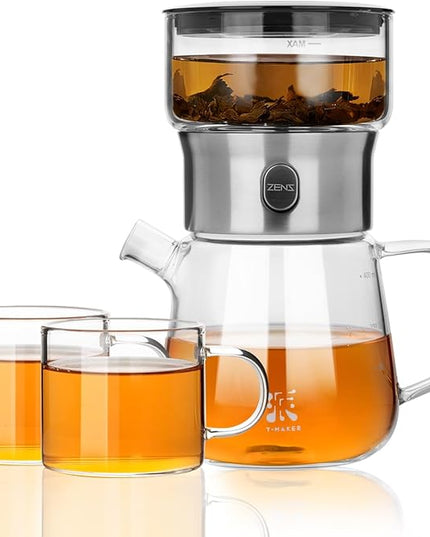 ZENS Modern Glass Tea Infuser Teapot Set, Smart One Touch Tea Maker for Loose Tea Diffusers with 2 Gongfu Cups, Cool Enchanted Tea Pot Alternatives for Black Tea Lovers Gifts-400ml