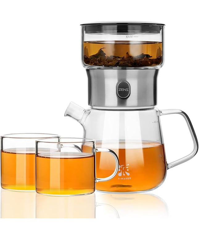 ZENS Modern Glass Tea Infuser Teapot Set, Smart One Touch Tea Maker for Loose Tea Diffusers with 2 Gongfu Cups, Cool Enchanted Tea Pot Alternatives for Black Tea Lovers Gifts-400ml