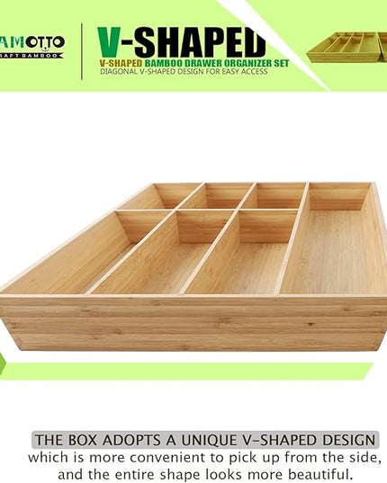 V-Shaped Extra Large Bamboo Drawer Organizer Set of 2, Kitchen Cutlery Tray Utensil Plate, Flatware&Silverware Storage Box, Wood Organizer for Bedroom, Living Room (19.6"x14.6" & 19.6"x12.4")