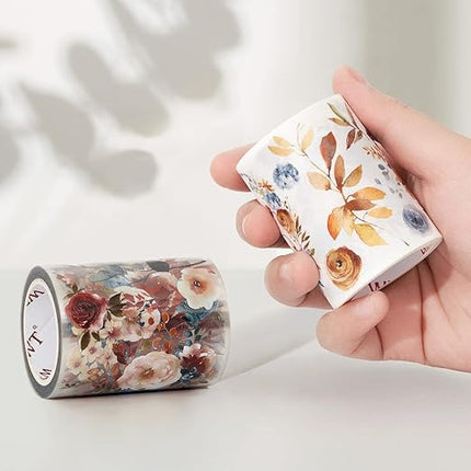 WT Dusty Blue & Cinnamon Wide PET Tape, Single Roll, Original Designs, Floral Decorative Tape, Transparent Craft Tape for Bujo Planner & DIY Supplies, Watercolor Flowers