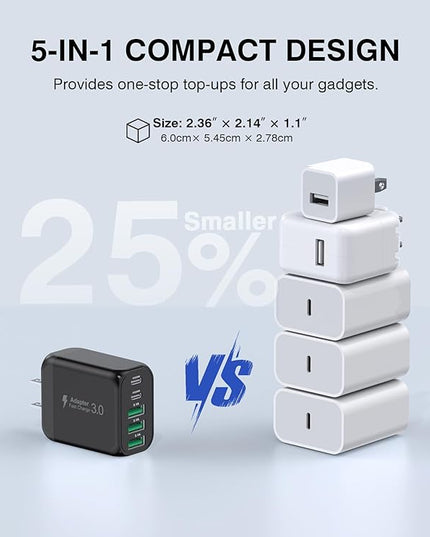 [2-Pack]60W USB C Wall Charger Block, 5-Port C Charger Fast Charging Block PD Power Adapter +QC 3.0 Multiport Type C Box Brick Cube USB A Wall Plug for iPhone 14/15/16/17 Pro Max,Samsung Galaxy(Black)