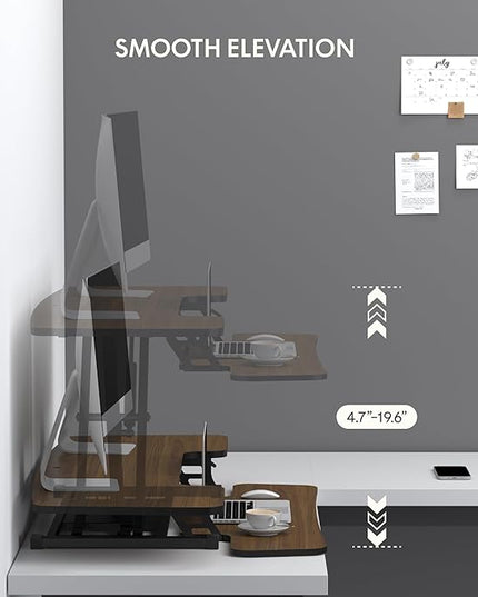 FLXISPOT 42" Standing Desk Converter Sit to Stand up Riser Height Adjustable Monitor and Laptop Workstation with Spacious 2-Tier Desktop, Walnut Color