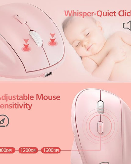 Micropack Wireless Bluetooth Mouse Ergonomic Vertical for Laptop MacBook PC Tablet Rechargeable Silent Click Multi-Device 3-Mode 2.4G Adjustable DPI Compatible with Windows Android iOS MacOS Pink
