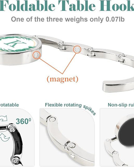 3pcs Personalized Initial Foldable Purse Hook for Table - Flower Letter Folding Handbag Hanger, Portable Magnet Table Holder, Collection Desk Hooks for Women Bag (Green-K)