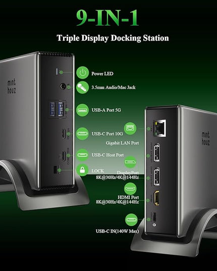 Minthouz USB C Docking Station for Laptop, Triple 4K Display with Dual DisplayPort & HDMI,140W Power Delivery, 10Gbps USB A/C Ports, Gigabit Ethernet, Audio/Mic USB C Hub for MacBook,Dell,HP,Surface