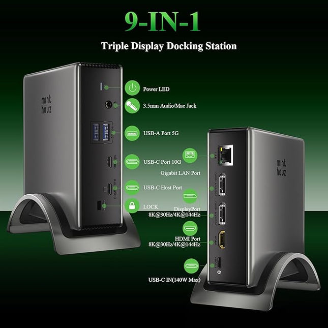 Minthouz USB C Docking Station for Laptop, Triple 4K Display with Dual DisplayPort & HDMI,140W Power Delivery, 10Gbps USB A/C Ports, Gigabit Ethernet, Audio/Mic USB C Hub for MacBook,Dell,HP,Surface