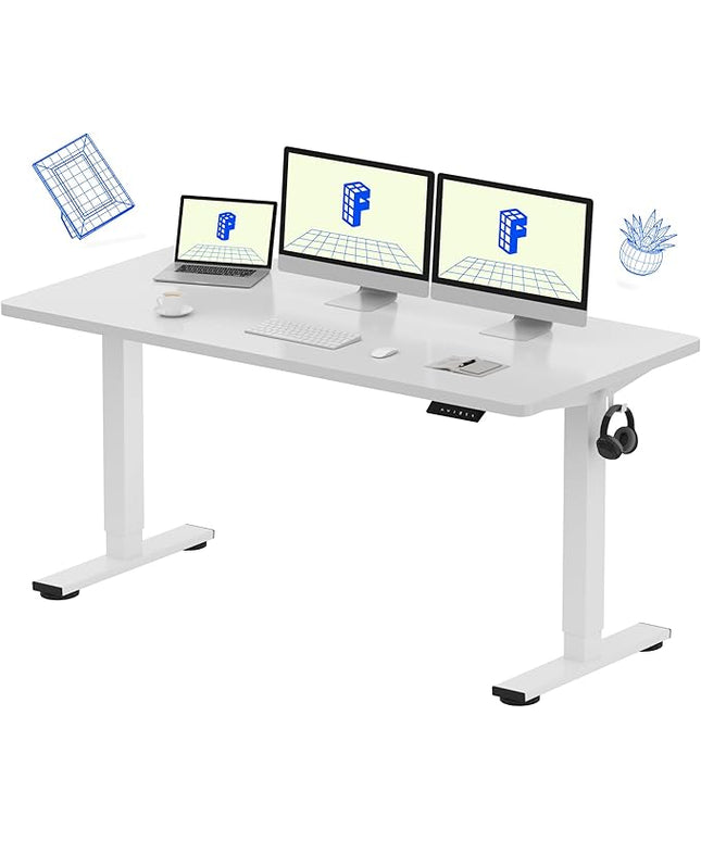 FLEXISPOT EN1 One-Piece Standing Desk with 1-Inch Thick Seamless Desktop, 60"x24" Electric Height Adjustable Desk for Home Office, Multi-Monitor Setups & Easy Assembly, White